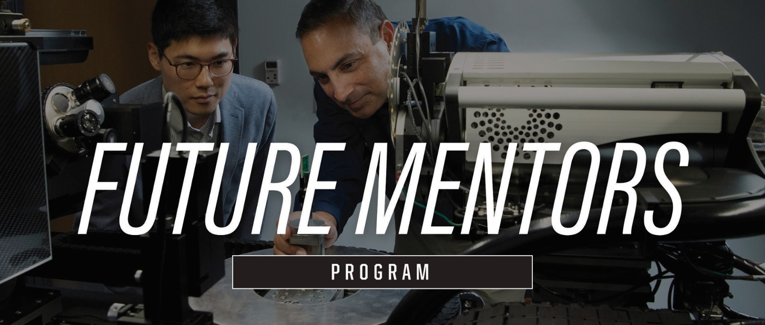 banner which says future mentors program and shows student working with professor on research